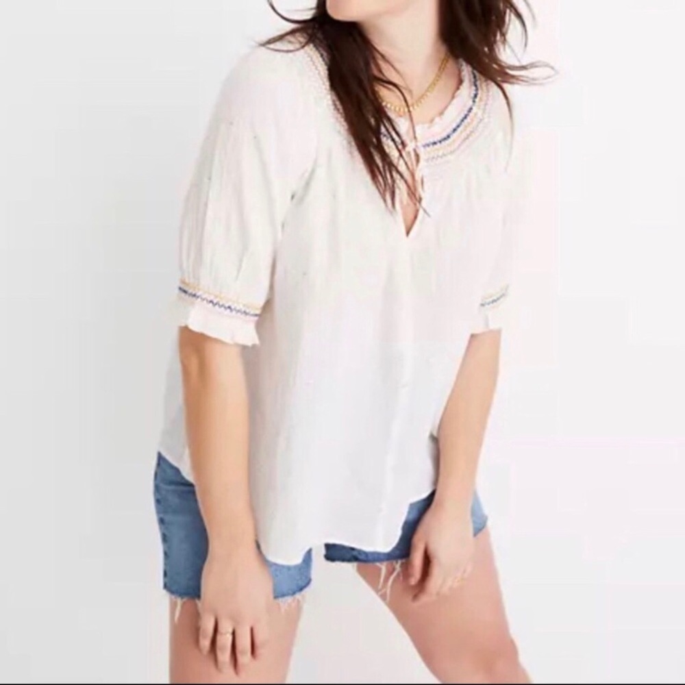 Madewell Rainbow Smocked Peasant Top Size XS Short Sleeve Flecked Color Boho